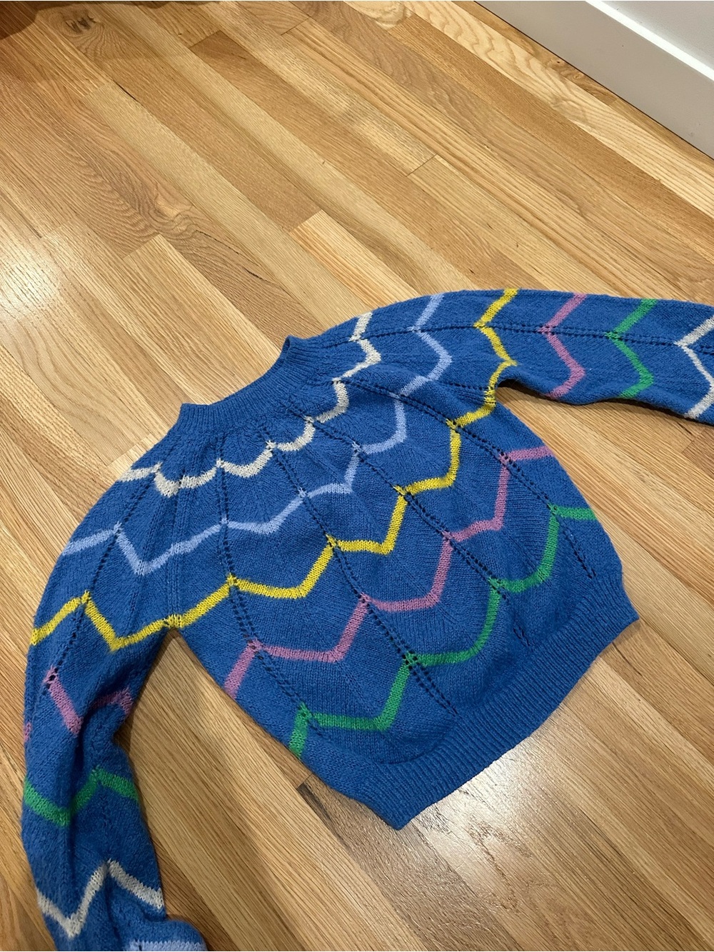 Mini Boden Blue Chevron Knit Sweater with Multicolor Stripes